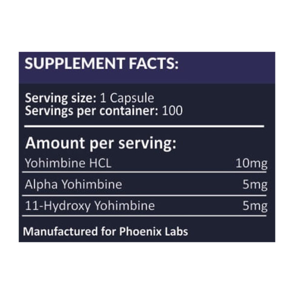 Product composition Phoenix Labs Triple Yohimbine 100 caps.