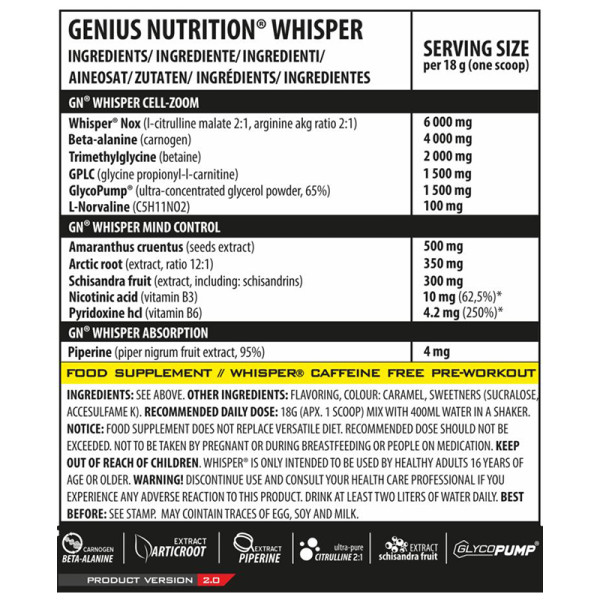 Product composition Genius Nutrition Whisper 2.0 400g