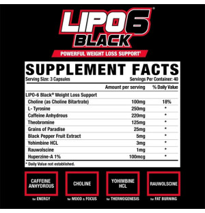 Product composition Nutrex LIPO6 BLACK Weight Loss Support 60 caps.