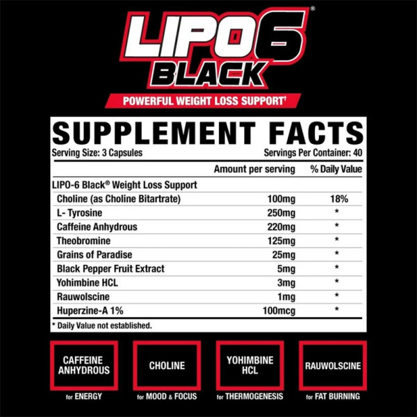 Product composition Nutrex LIPO6 BLACK Weight Loss Support 60 caps.