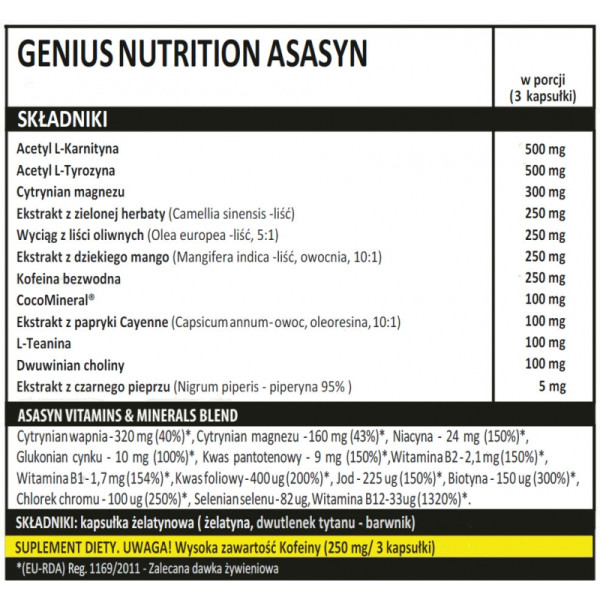 composition Genius Nutrition Asasyn 180 caps.