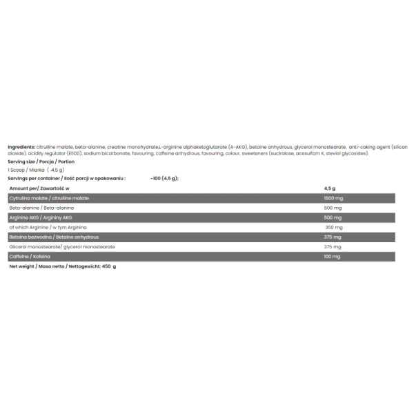 Product composition FA ICE Pump Pre workout 463g