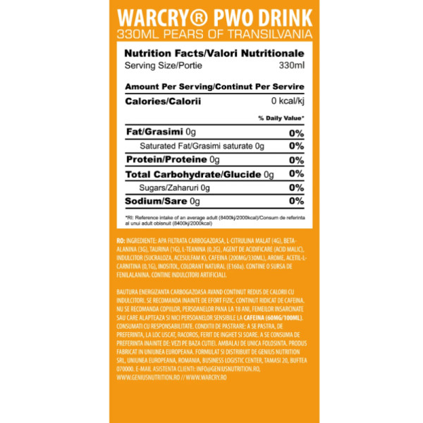 Product composition Genius Warcry PWO 330ml Pear