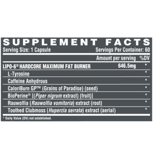 Product composition Nutrex Lipo6 Hardcore 60 caps.