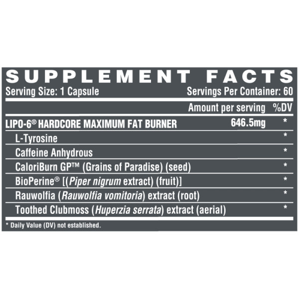 Product composition Nutrex Lipo6 Hardcore 60 caps.