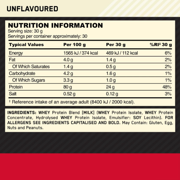Product composition ON 100% Whey Gold Standard 907g Unflavoured