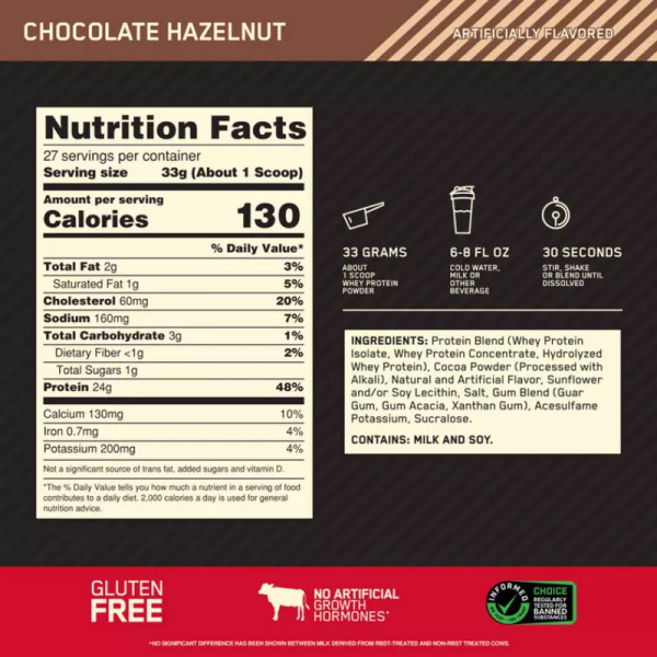 Product composition ON 100% Whey Gold Standard 907g chocolate with nuts