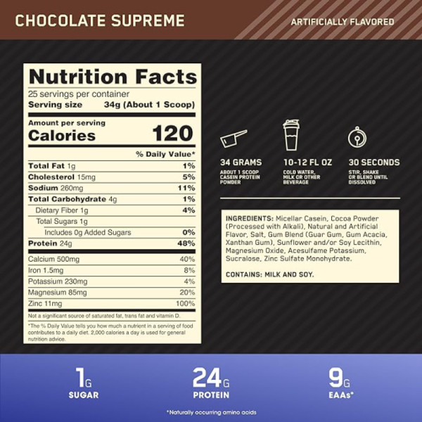 Product composition ON 100% Gold Standard Casein 910g chocolate