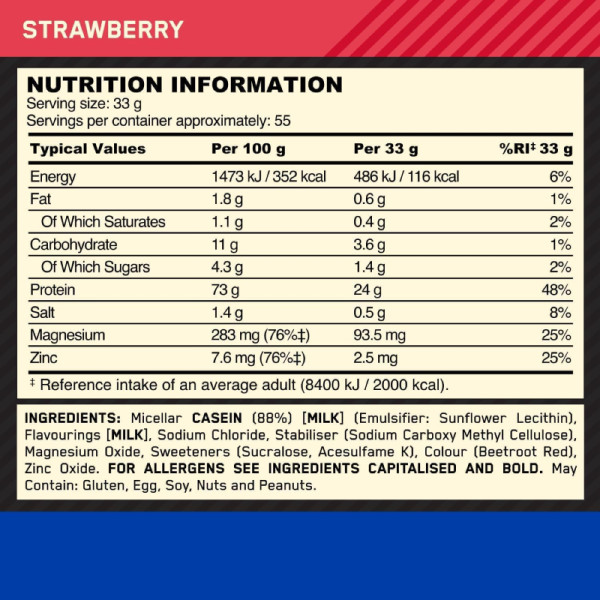 Skład produktu Optimum Nutrition 100% Gold Standard Casein 1810g truskawka