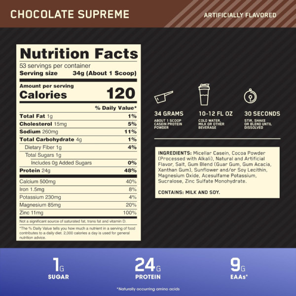 Product composition ON 100% Gold Standard Casein 1810g chocolate