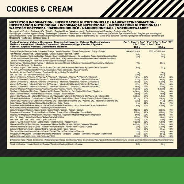 Product composition Optimum Nutrition Serious Mass 2720g cookies and cream