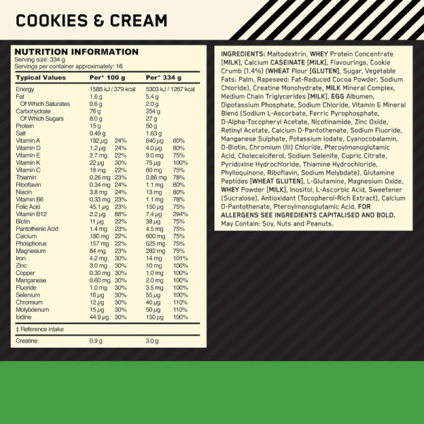 Product composition ON Serious Mass 5450g cookies and cream