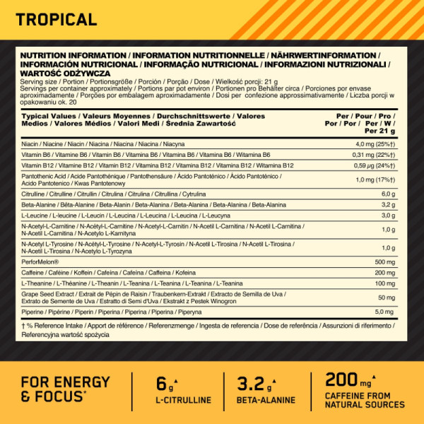 Product composition ON Gold Standard PreWorkout ADVANCED 420g tropical