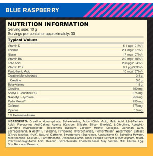 Product composition ON Gold Standard PreWorkout 300g blue raspberry