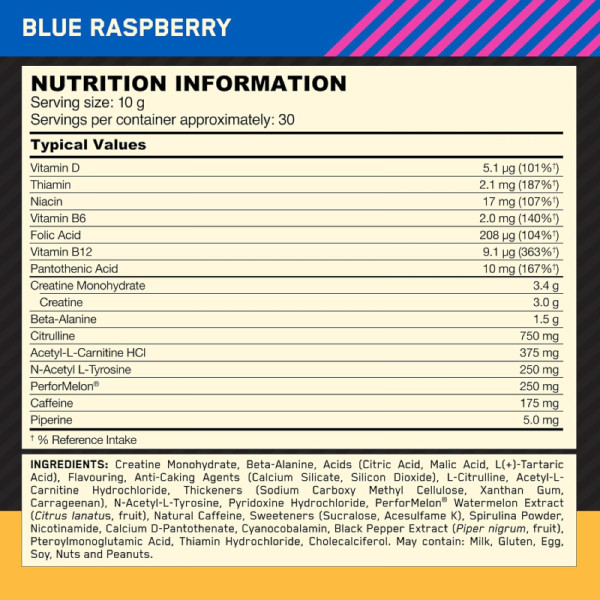 Product composition ON Gold Standard PreWorkout 300g blue raspberry