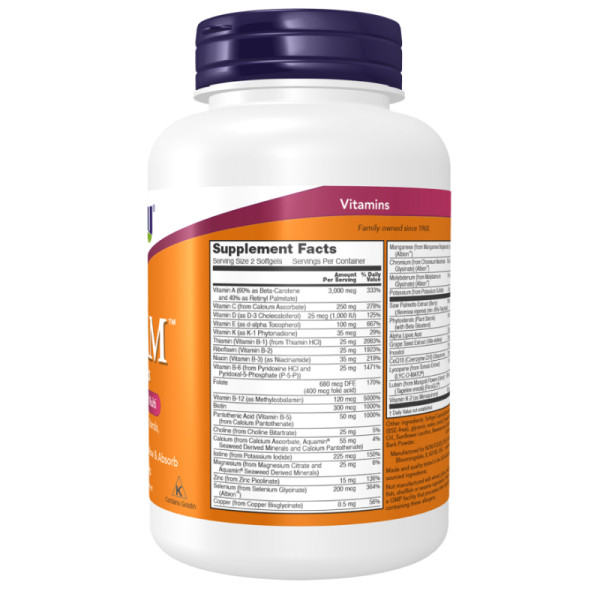 Product composition NOW Foods ADAM Multi-Vitamin for Men Softgels 180 caps.