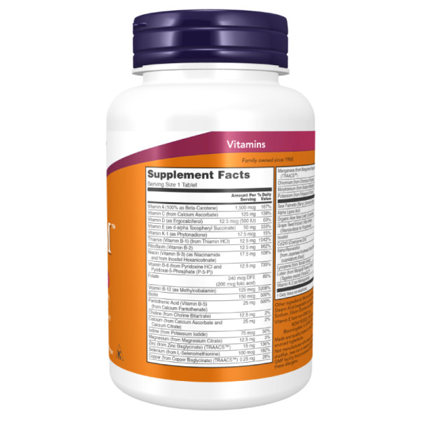 Product composition NOW Foods ADAM Multi-Vitamin for Men 60 tabs.