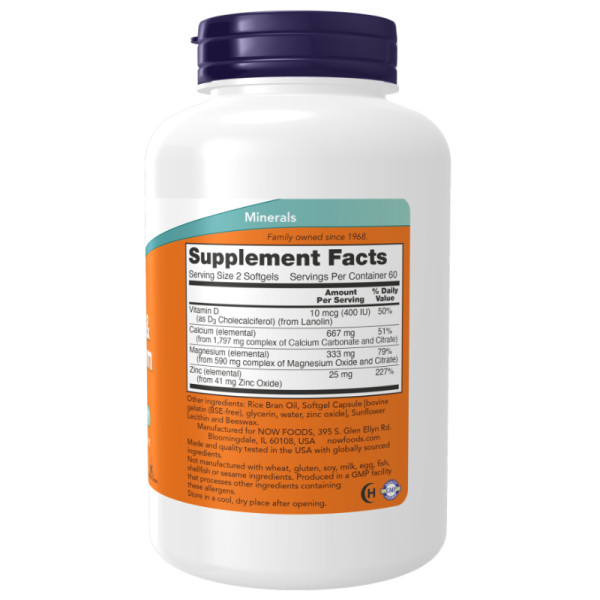 Product composition NOW Foods Calcium & Magnesium with Vitamin D3 and Zinc 240 caps. Softgels