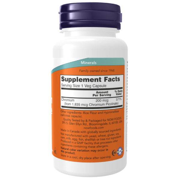 Product composition NOW Foods Chromium Picolinate 200mcg 100 caps. Vege