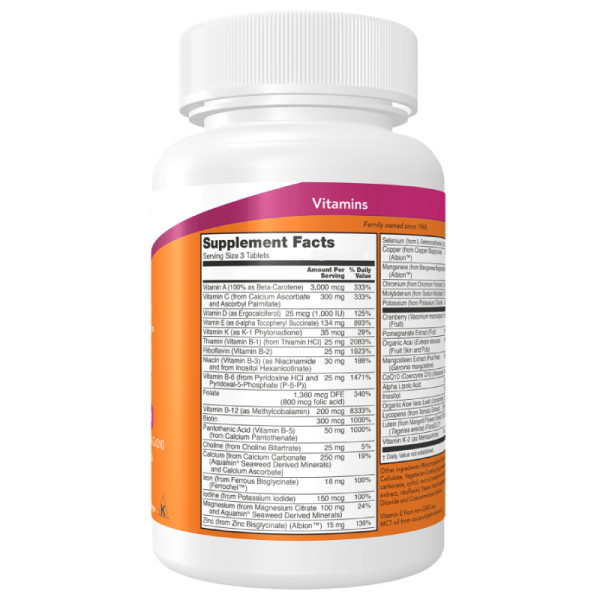 Product composition NOW Foods Eve Superios Women's Multi-Vitamin 90 tabs.