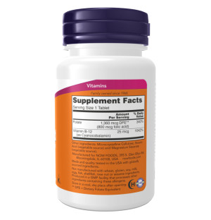 Product composition NOW Foods Folic Acid 800mcg with Vitamin B-12 250 tabs.