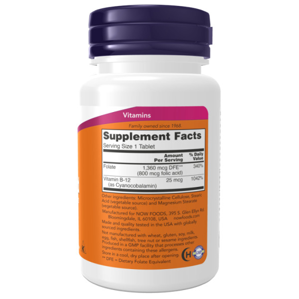 Product composition NOW Foods Folic Acid 800mcg with Vitamin B-12 250 tabs.