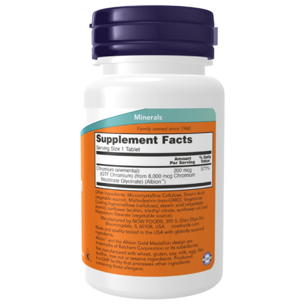 Product composition NOW Foods GTF Chromium 200mcg 100 tabs.