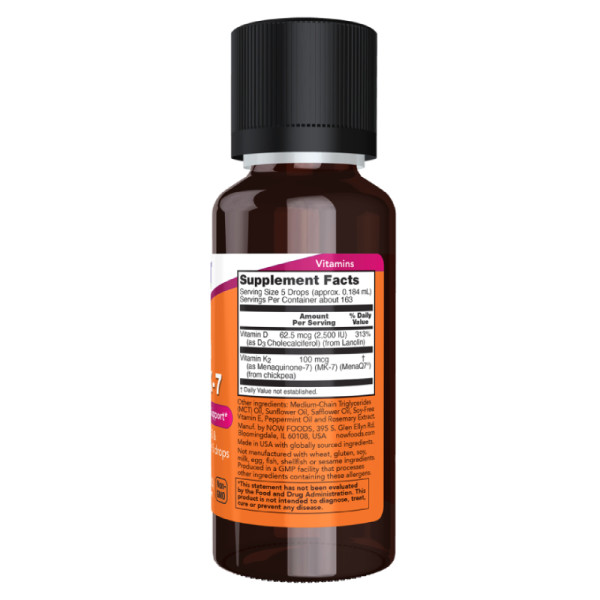 Product composition NOW Foods Liquid Vitamins D-3 & MK-7 30 ml