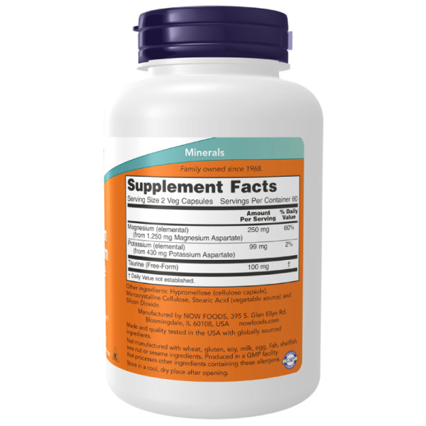 Product composition NOW Foods Magnesium & Potassium Aspartate with Taurine 120 caps. Vege