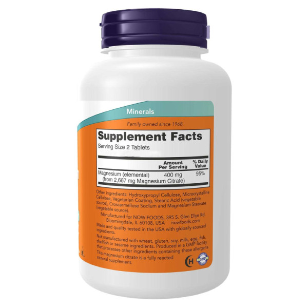 Product composition NOW Foods Magnesium Citrate 200mg 100 tabs.