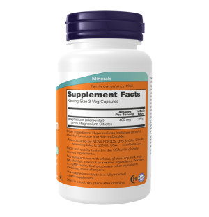 Product composition NOW Foods Magnesium Citrate 400mg 120 caps. Vege