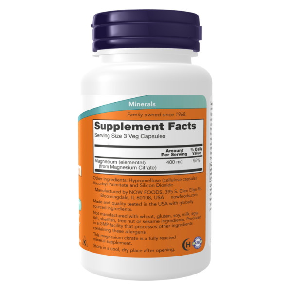 Product composition NOW Foods Magnesium Citrate 400mg 120 caps. Vege