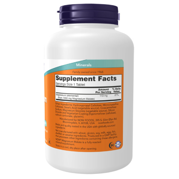 Product composition NOW Foods Magnesium Malate 1000mg 180 tabs.