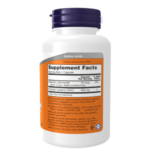 Product composition NOW Foods N-Acetylcysteine (NAC) 600mg 100 caps.