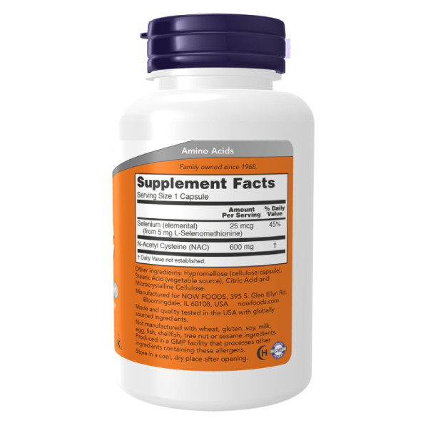 Product composition NOW Foods N-Acetylcysteine (NAC) 600mg 100 caps.