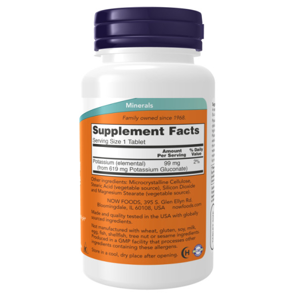 Product composition NOW Foods Potassium Gluconate 99mg 100 tabs.