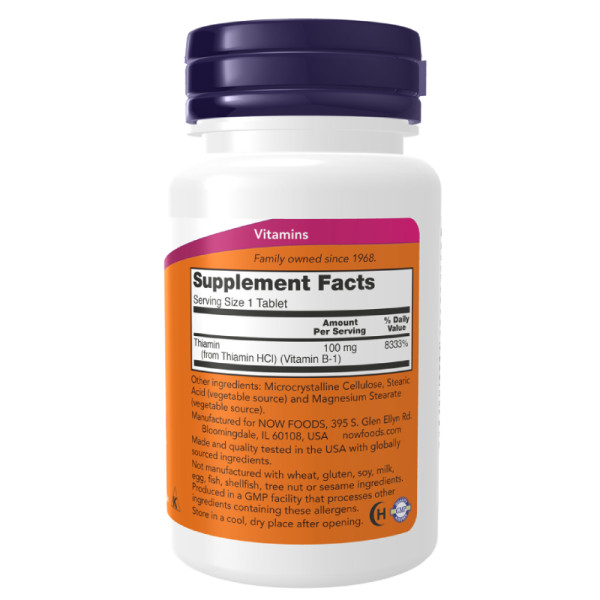 Product composition NOW Foods Vitamin B-1 Thiamine 100mg 100 tabs.