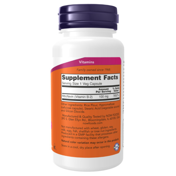 Product composition NOW Foods B-2 Riboflavin 100mg 100 caps. Vege