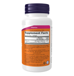 Product composition NOW Foods Vitamin D-3 1000IU 180 caps. Softgels