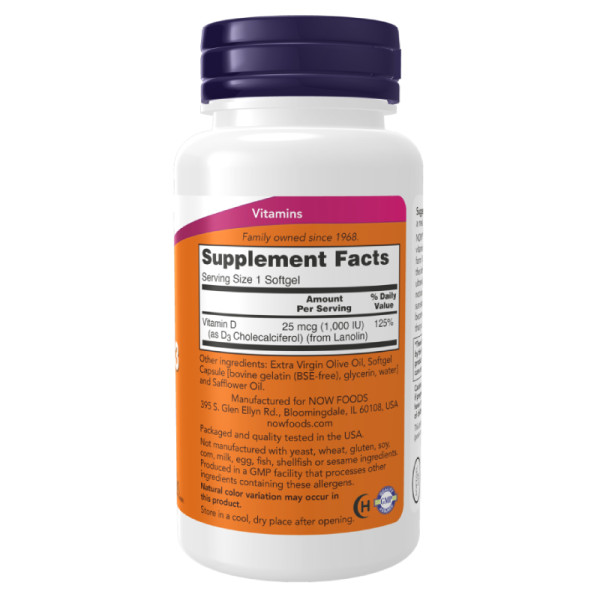 Product composition NOW Foods Vitamin D-3 1000IU 180 caps. Softgels