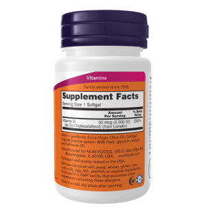 Product composition NOW Foods Vitamin D-3 2000IU 120 caps. Softgels