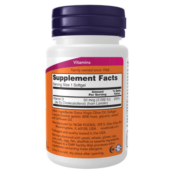 Product composition NOW Foods Vitamin D-3 2000IU 120 caps. Softgels