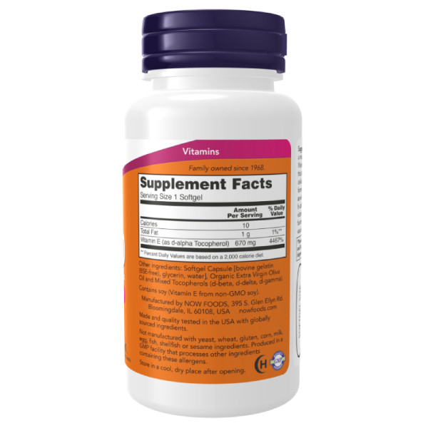 Product composition NOW Foods Vitamin E-1000 Natural Mixed Tocopherols 100 caps. Softgels