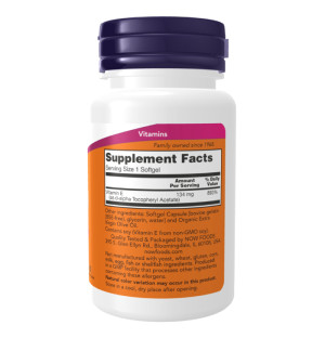 Product composition NOW Foods Vitamin E-200 D-Alpha Tocopheryl 100 caps. Softgels