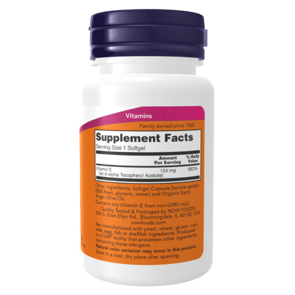 Product composition NOW Foods Vitamin E-200 D-Alpha Tocopheryl 100 caps. Softgels