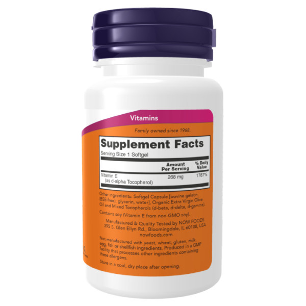 Product composition NOW Foods Vitamin E-400 Natural Mixed Tocopherols 100 caps. Softgels