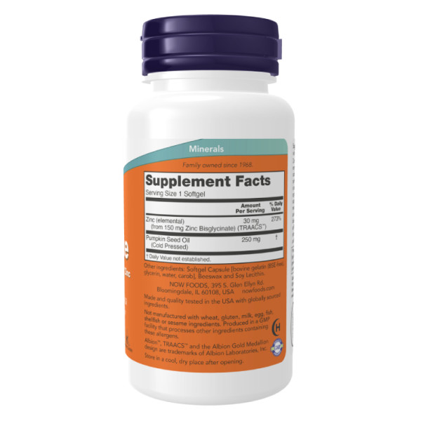 Product composition NOW Foods Zinc Glycinate 30 mg 120 caps. Softgels