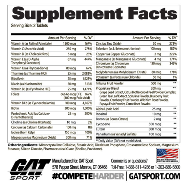 Product composition GAT Sport MultiVitamin + Test 60 tabs.