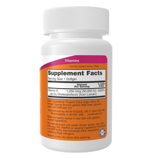 Product composition NOW Foods Witamin D-3 50,000 IU 50 caps. Softgels