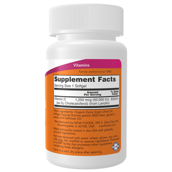 Product composition NOW Foods Witamin D-3 50,000 IU 50 caps. Softgels